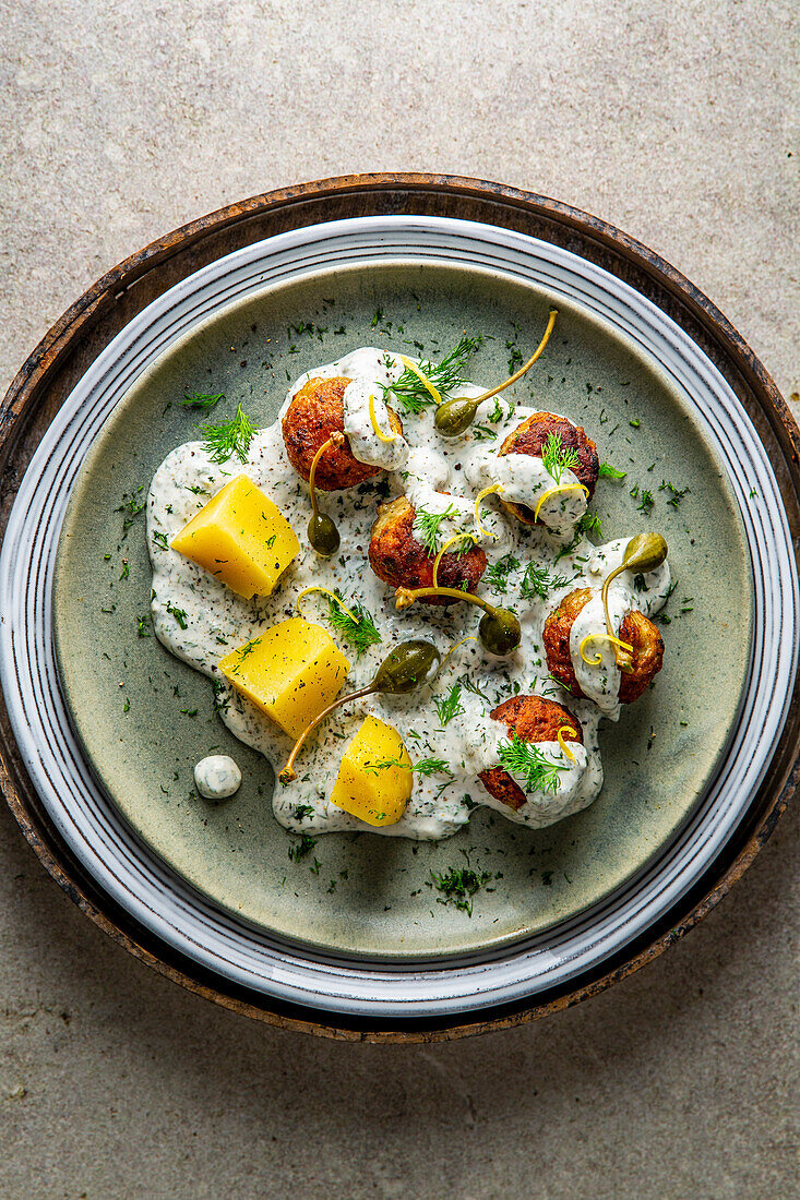 Fiskbullar (fish balls) with lemony dill sauce