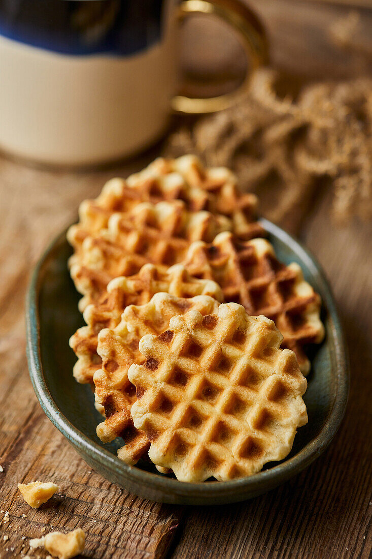 Mini waffles in a ceramic dish