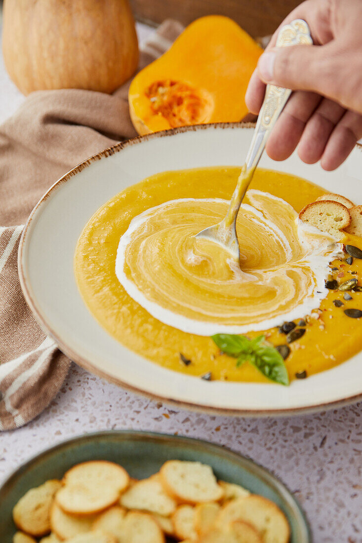 Pumpkin soup with croutons