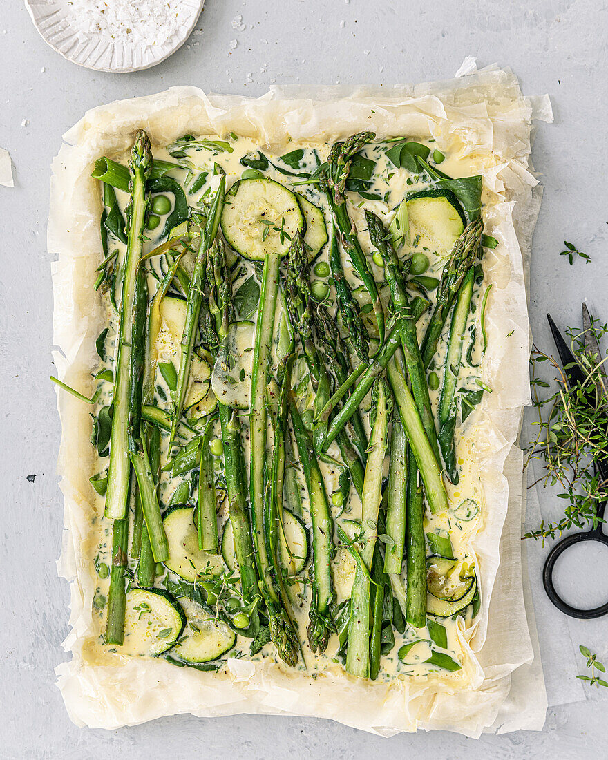 Spring filo tart with asparagus, unbaked