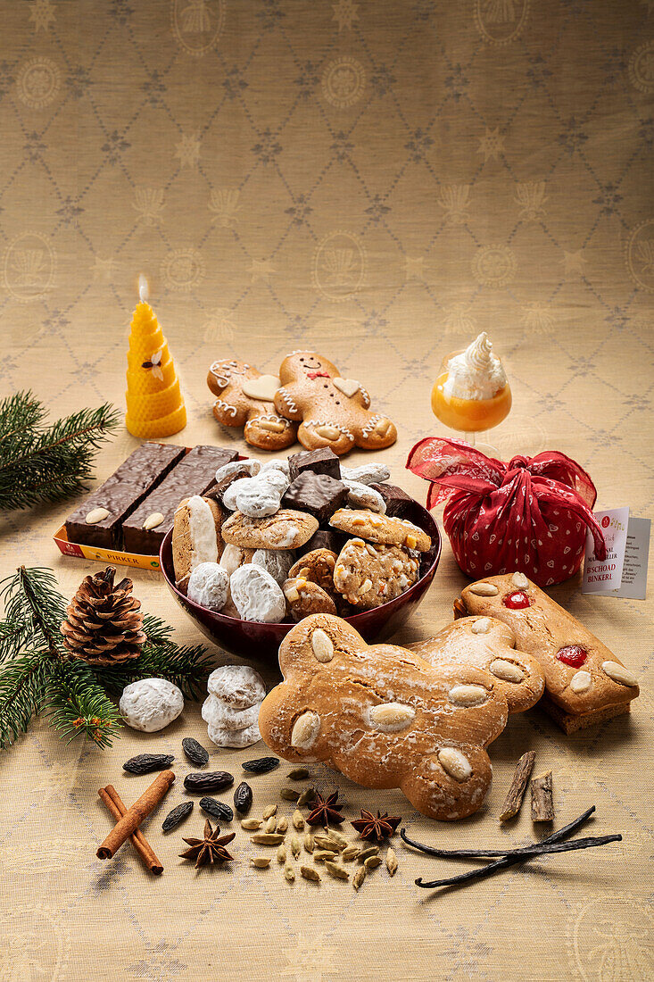 Assorted gingerbread with spices and Christmas decoration