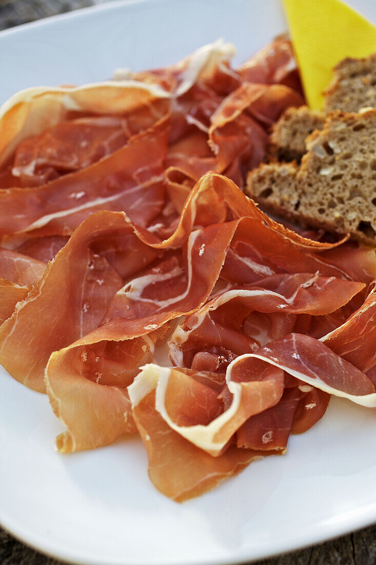 A plate with ham (close-up)