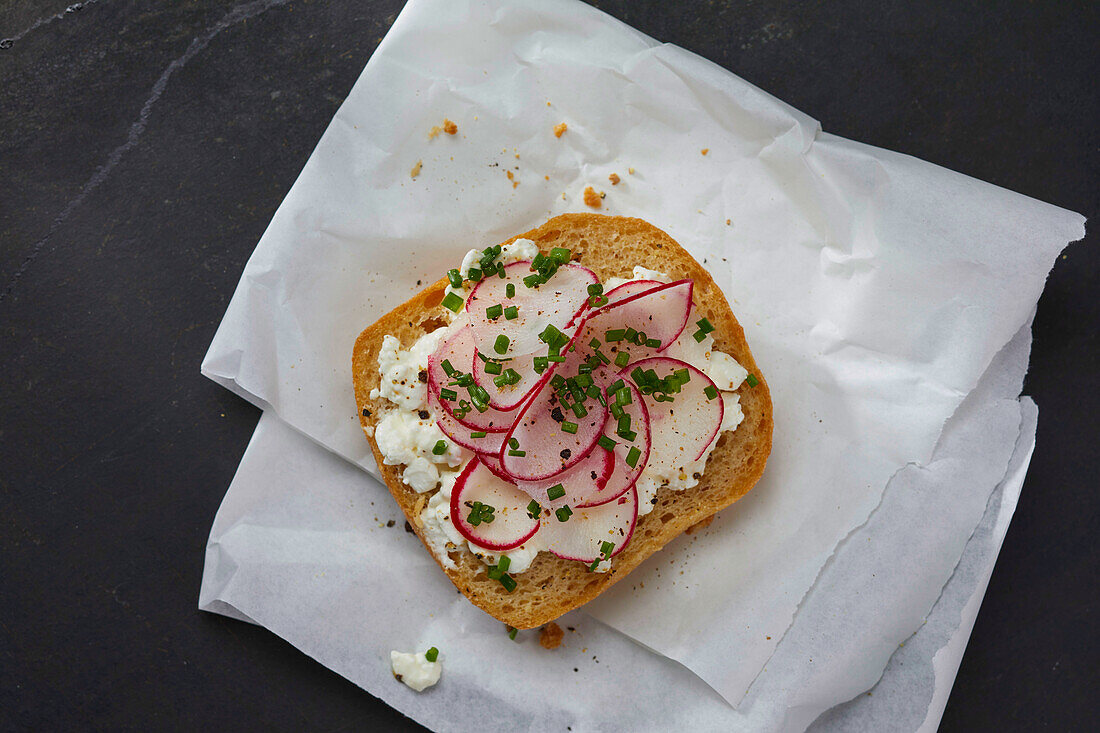 Light organic bread with cottage cheese and radishes