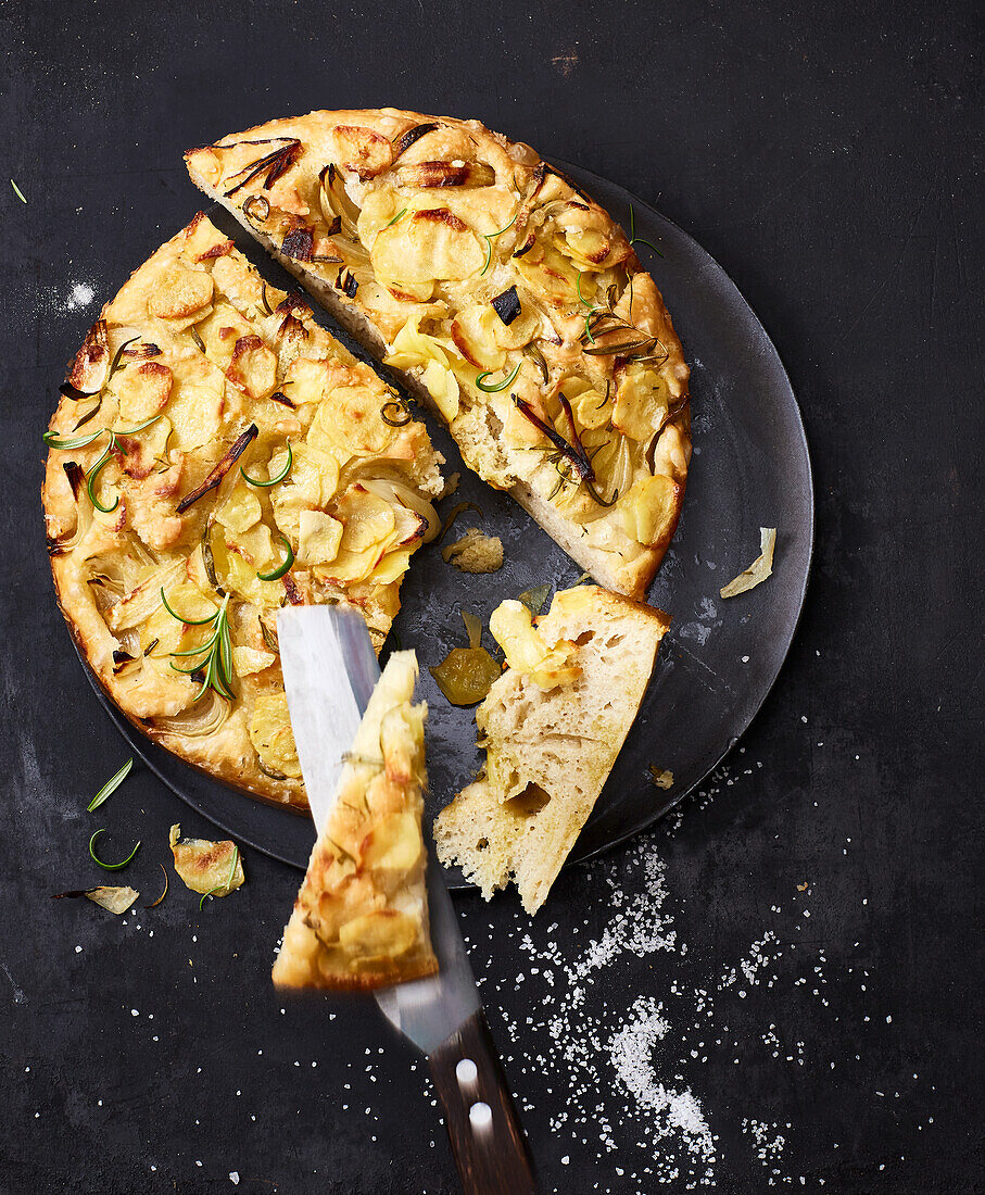 Focaccia with potatoes, onions and rosemary