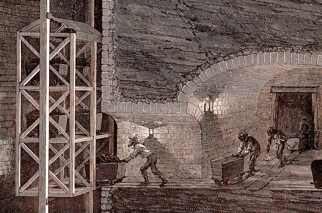 Loading coal into lift, 19th century illustration