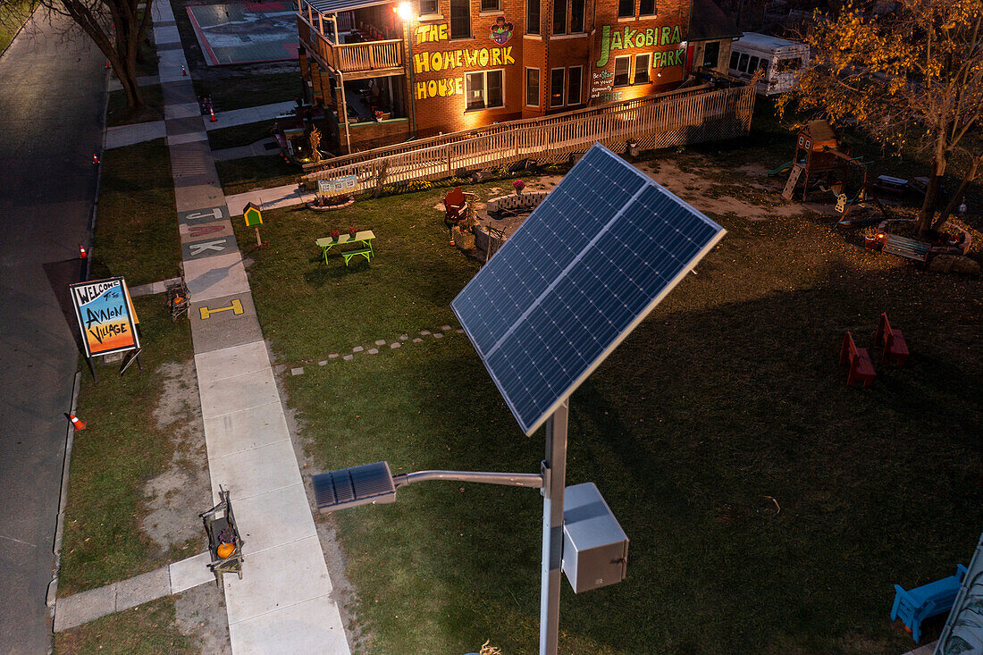 Solar-powered street light, aerial photograph