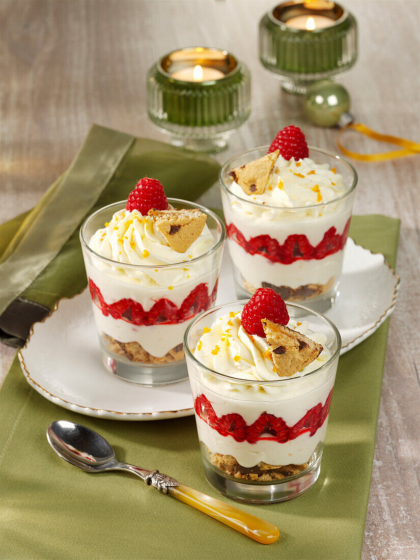 Individual orange biscuit and raspberry trifles