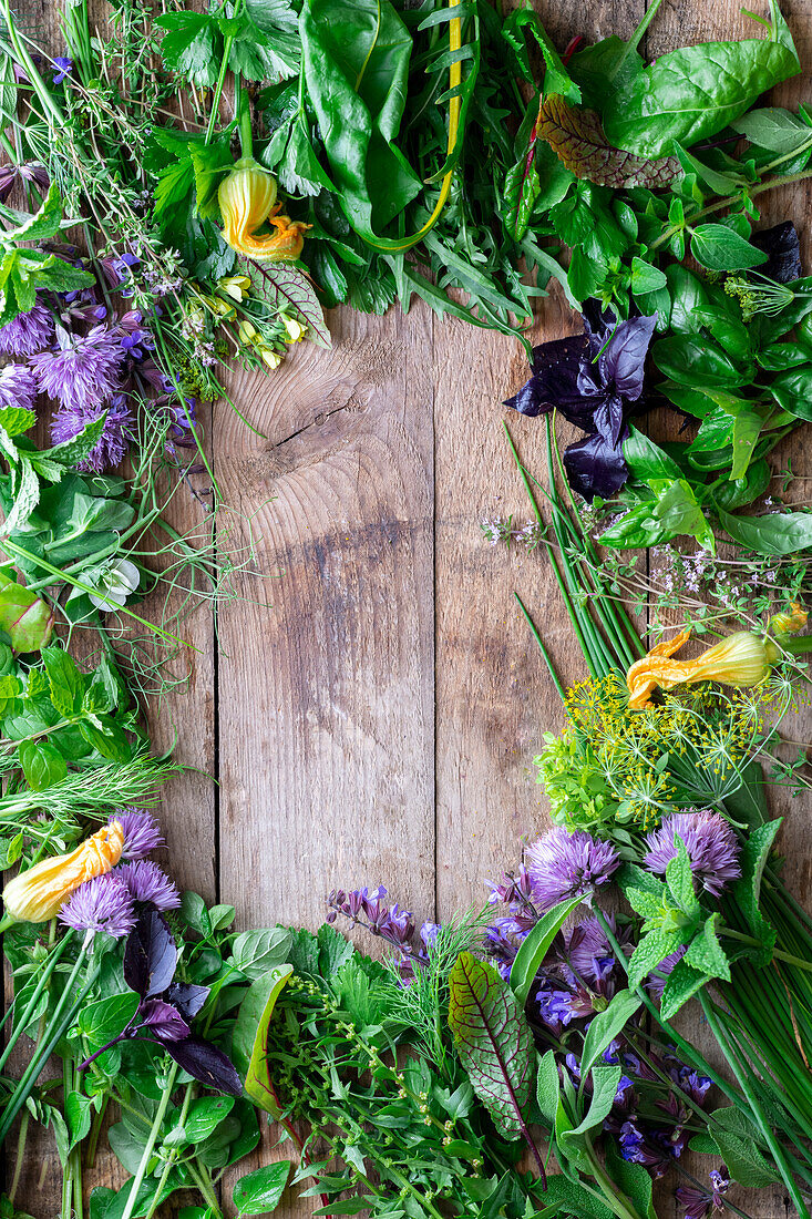 Frische Gartenkräuter mit Blüten um den Bildrand arrangiert