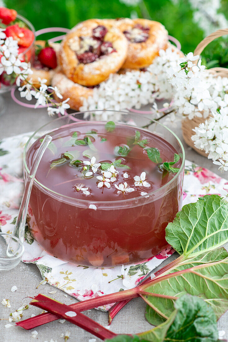 Rhubarb drink in a garden