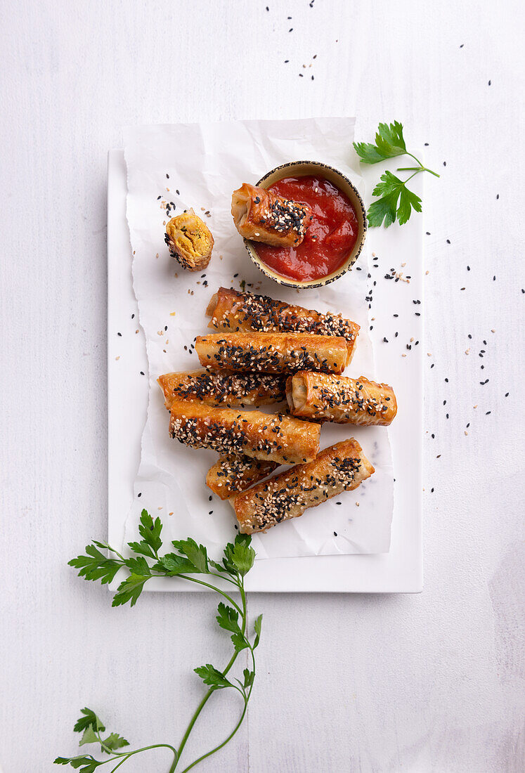 Vegan börek with sesame and lentil filling