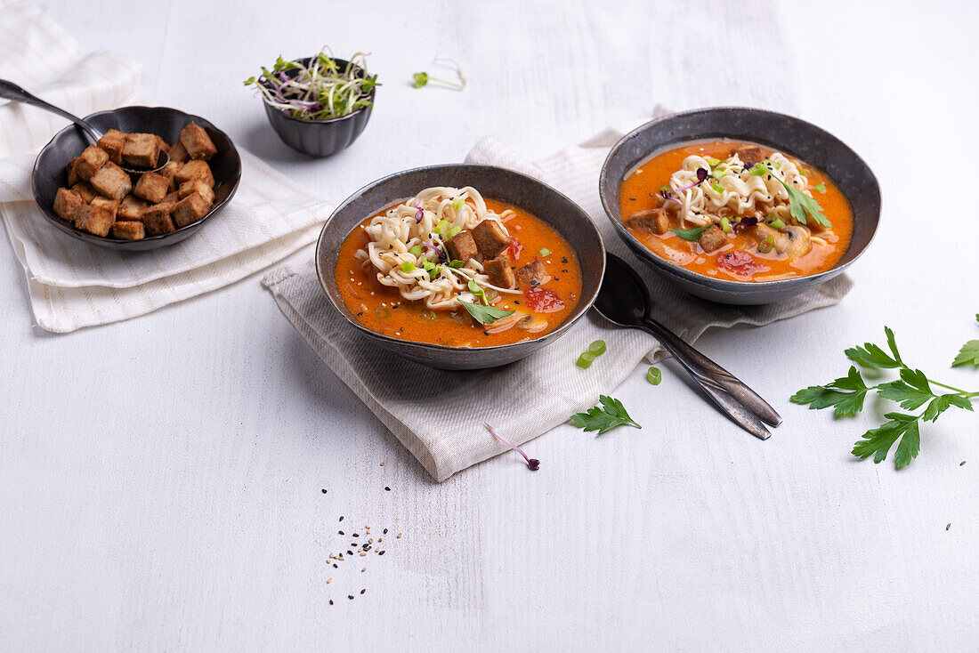 Thailändische Tom Yam Gung-Suppe mit Mie-Nudeln und Tofu