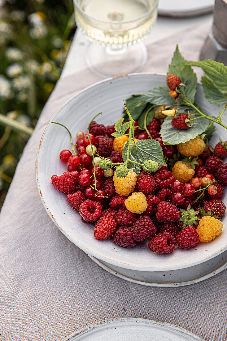 Teller mit Sommerbeeren auf Tisch im Garten