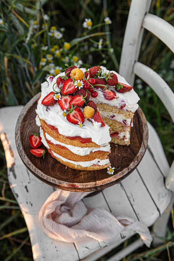 Layer cake with cream and berries on wooden chair outside