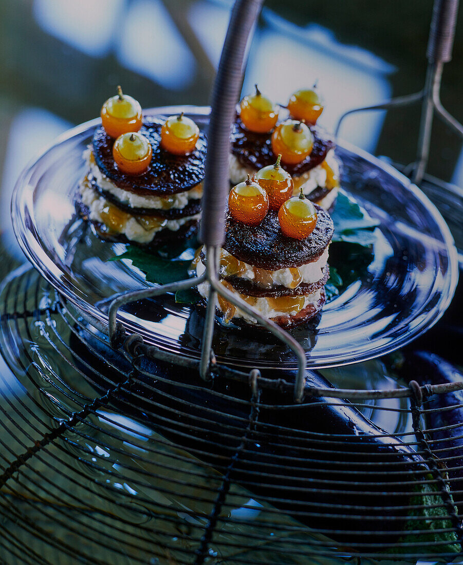 Eggplant millefeuille with grapes