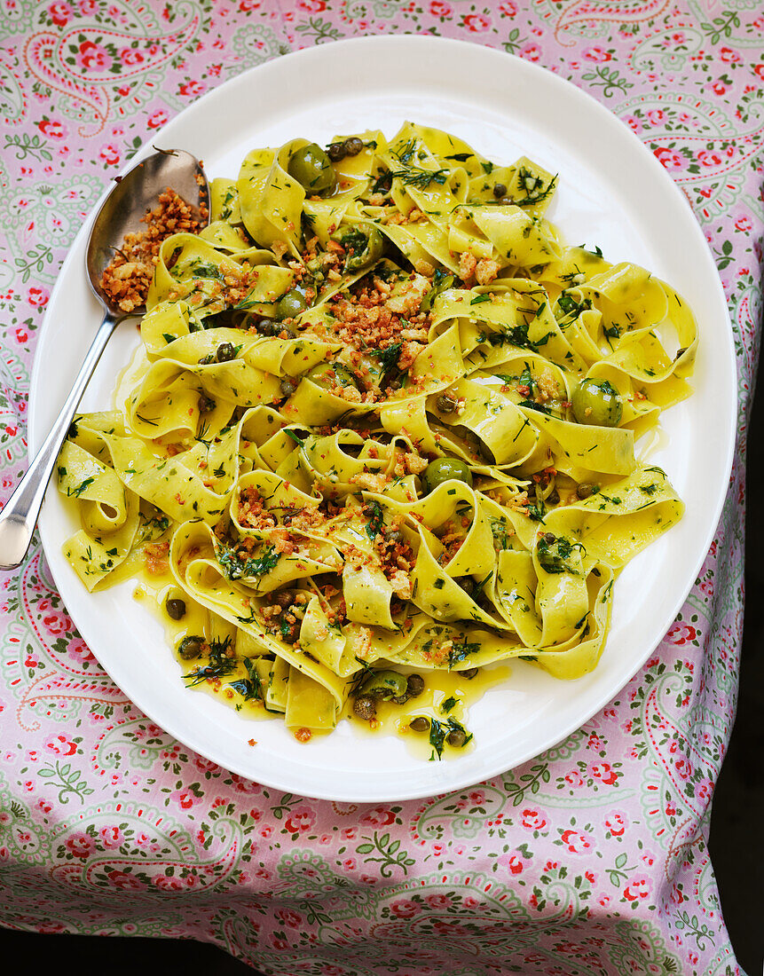Pappardelle with herbs, olives and capers
