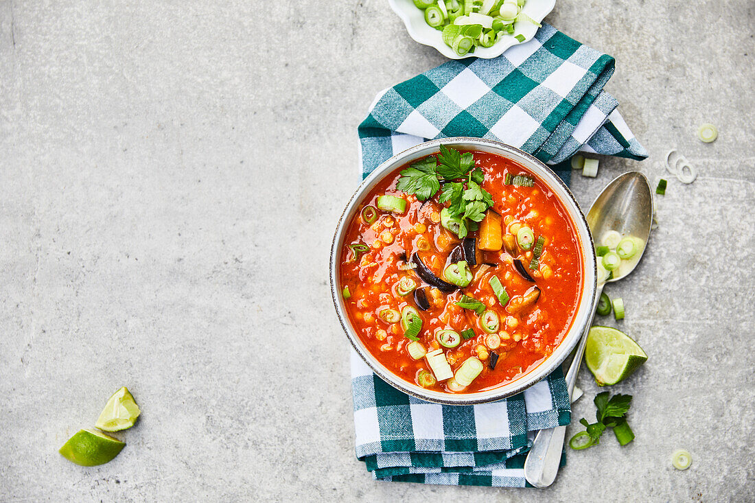 A Bowl of eggplant and lentil stew