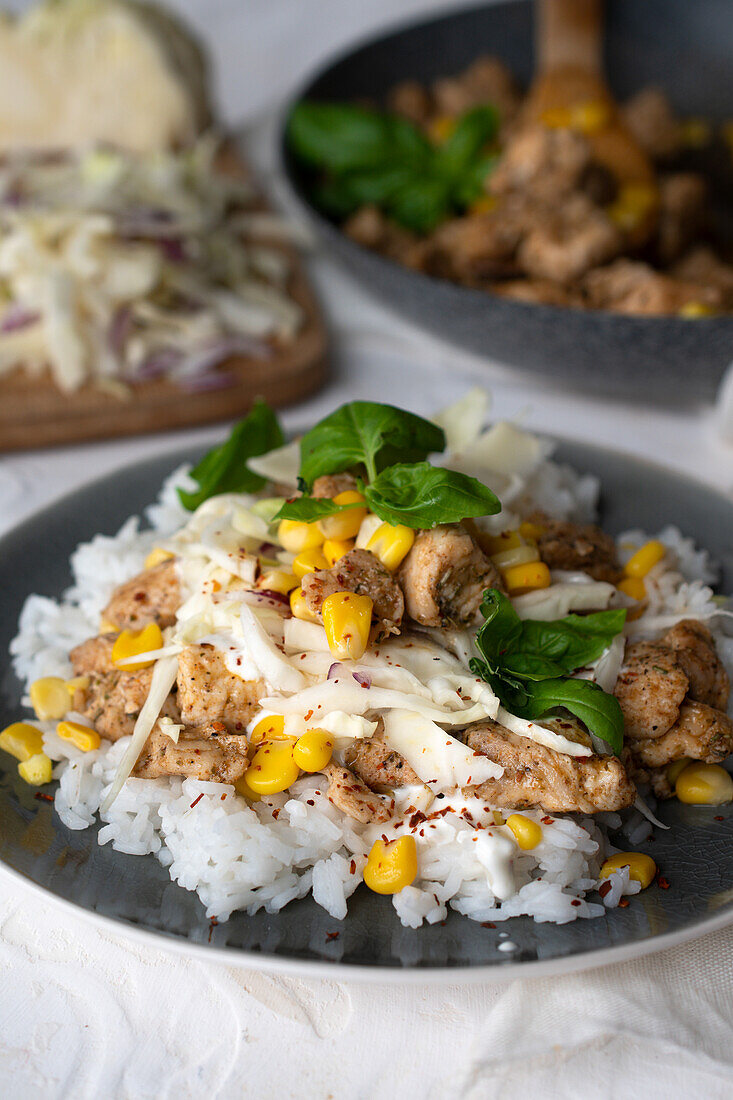Rice with chicken and corn served for fast lunch