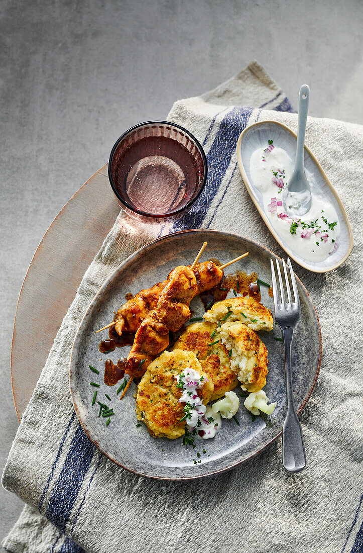 Cauliflower Mountain Cheese Fritters with Chicken Skewers