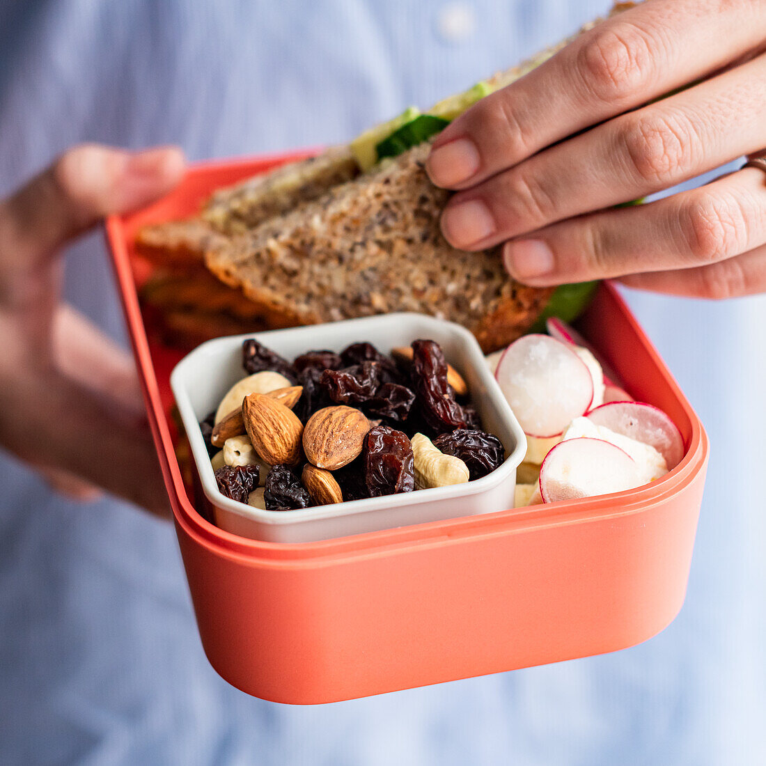 Sandwich, Radieschen und Studentenfutter in Lunchbox