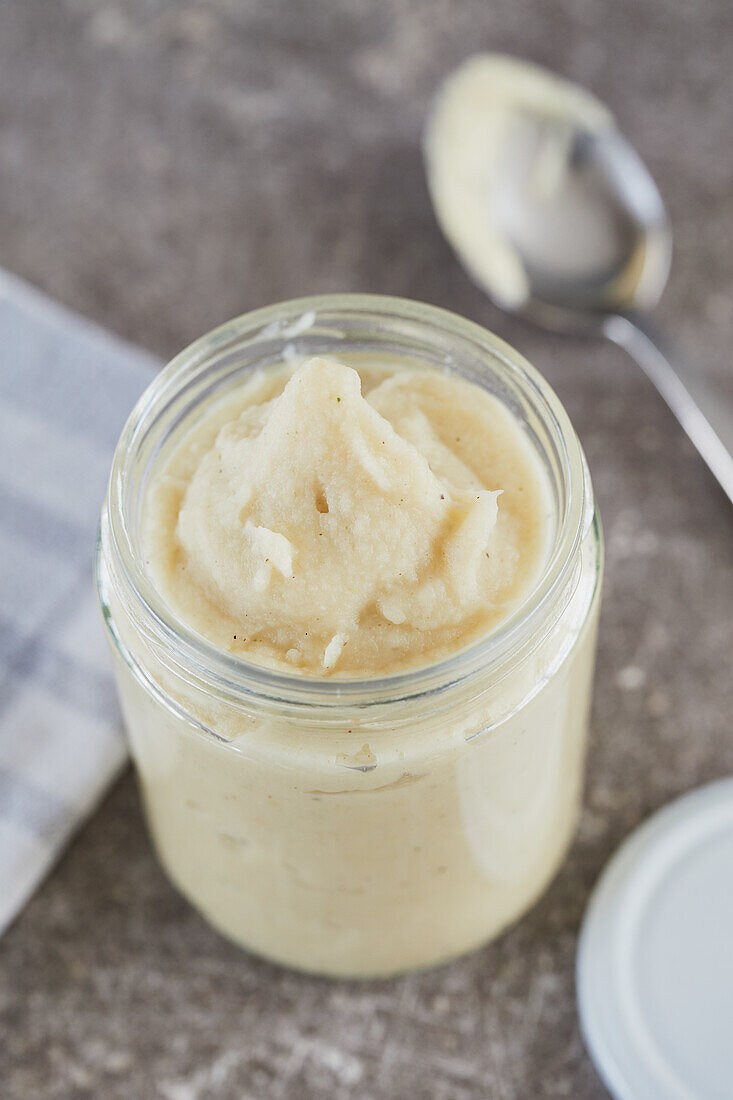 Vegan parsnip and celery puree in a jar