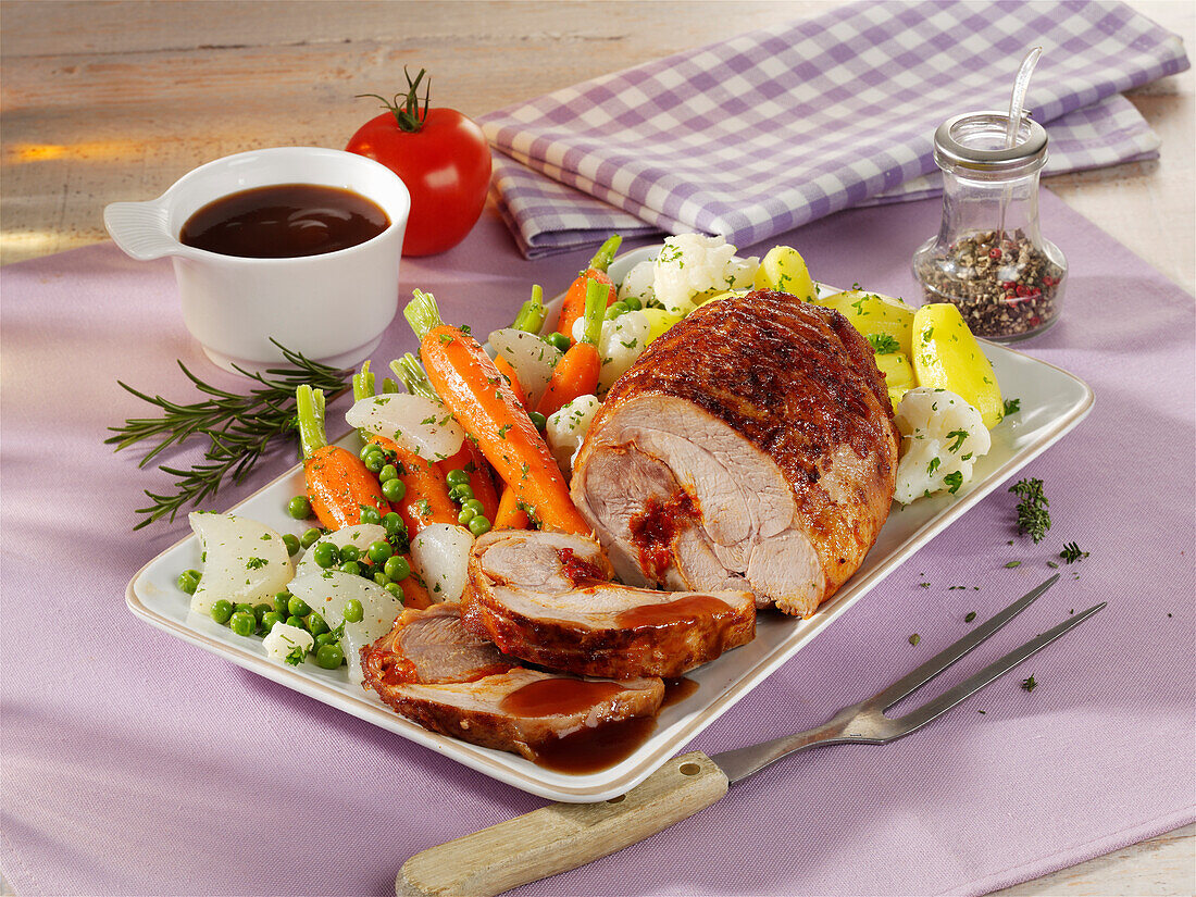 Oven roasted turkey leg with spring vegetables