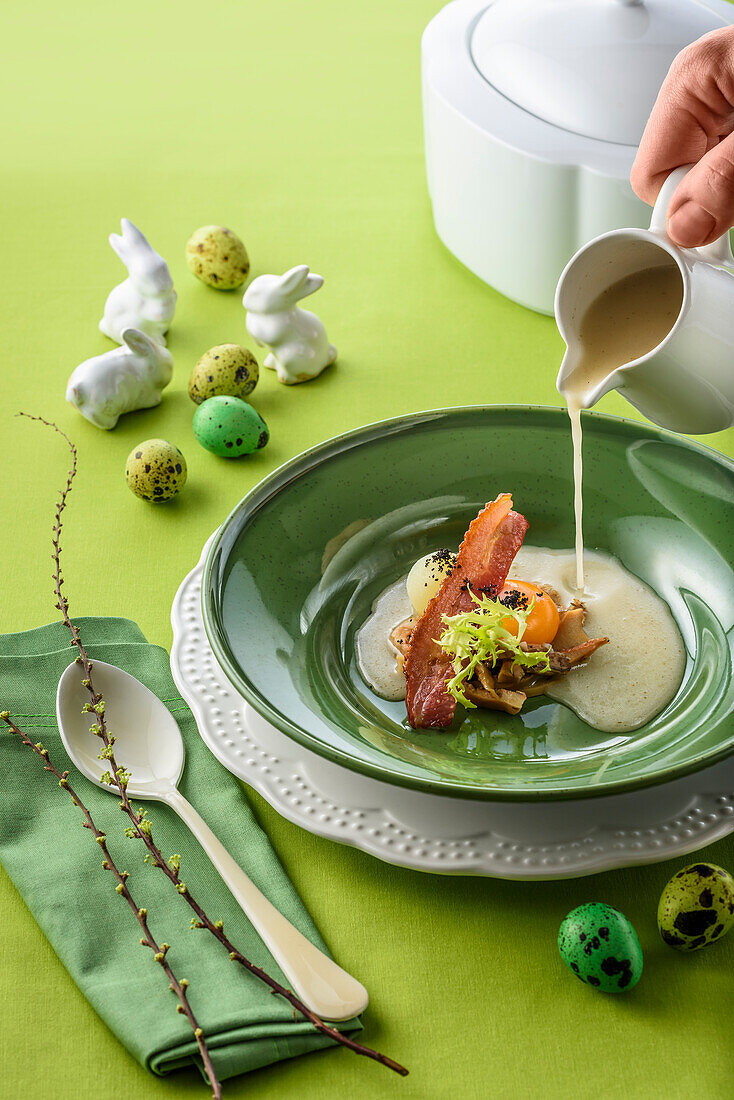 Sour wholewheat rye bread with a pickled mushroom, horseradish and smoked egg yolk soup (Easter)