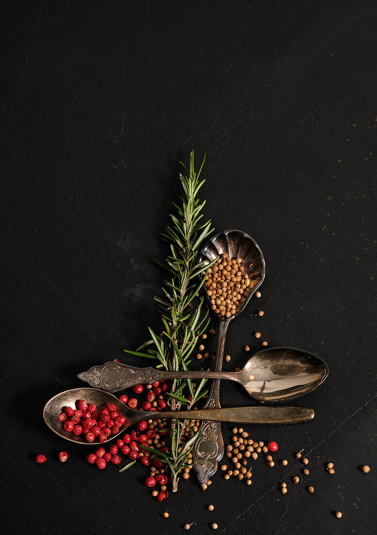 Silver spoon with pink peppercorns and coriander next to rosemary