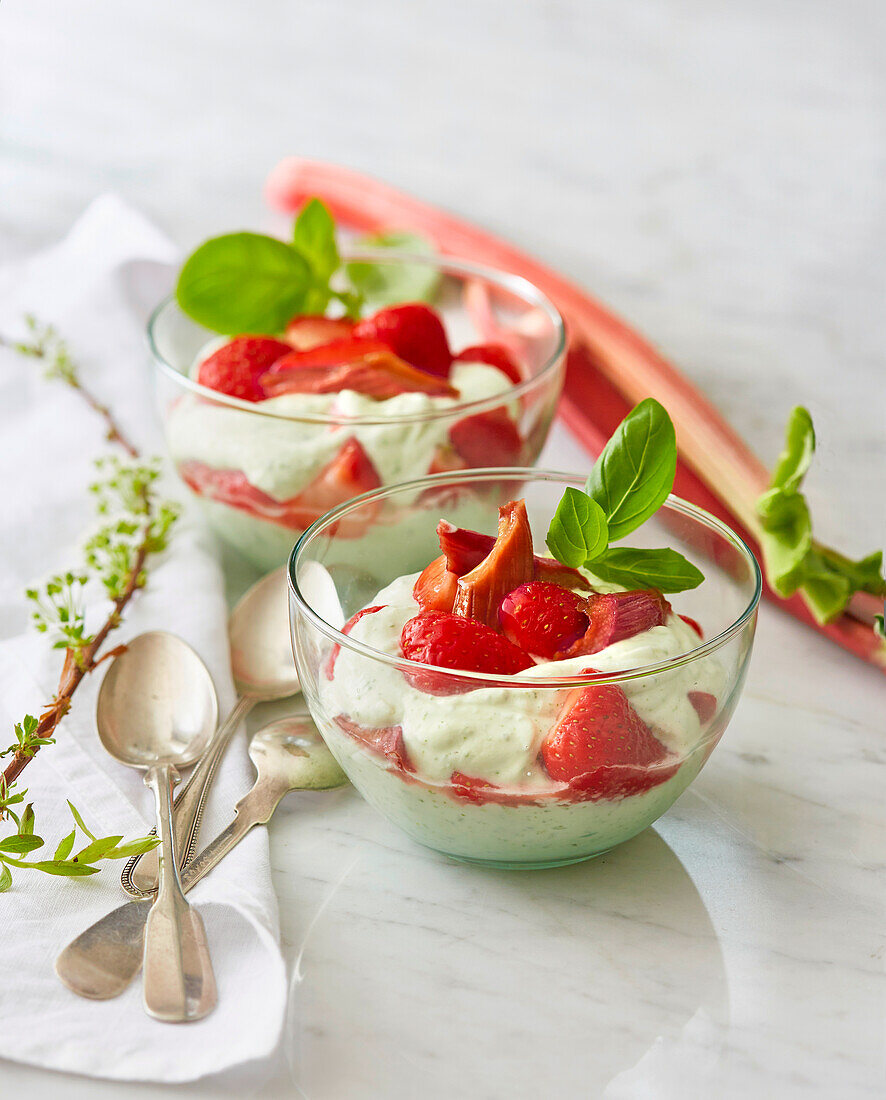 Basil cream with strawberries and rhubarb