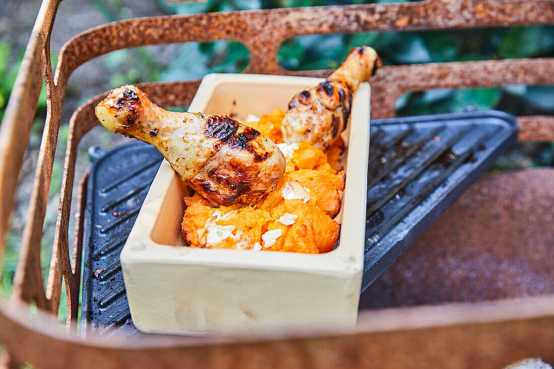 Grilled chicken legs with sweet potato mash