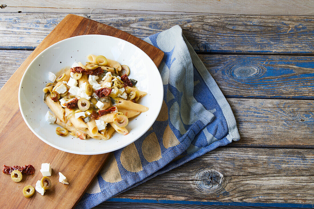 Penne with dried tomatoes, olives, and feta cheese