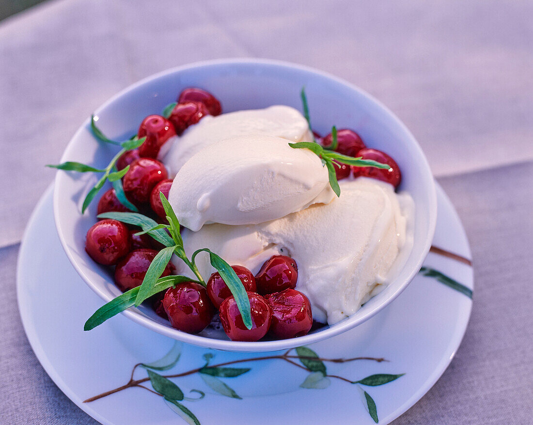 Tarragon ice cream with sour cherries