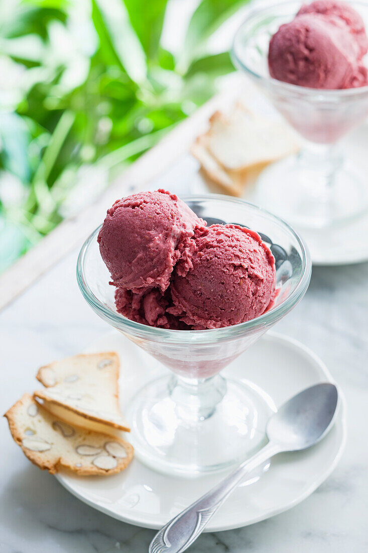 Berry ice cream served with almond cookie