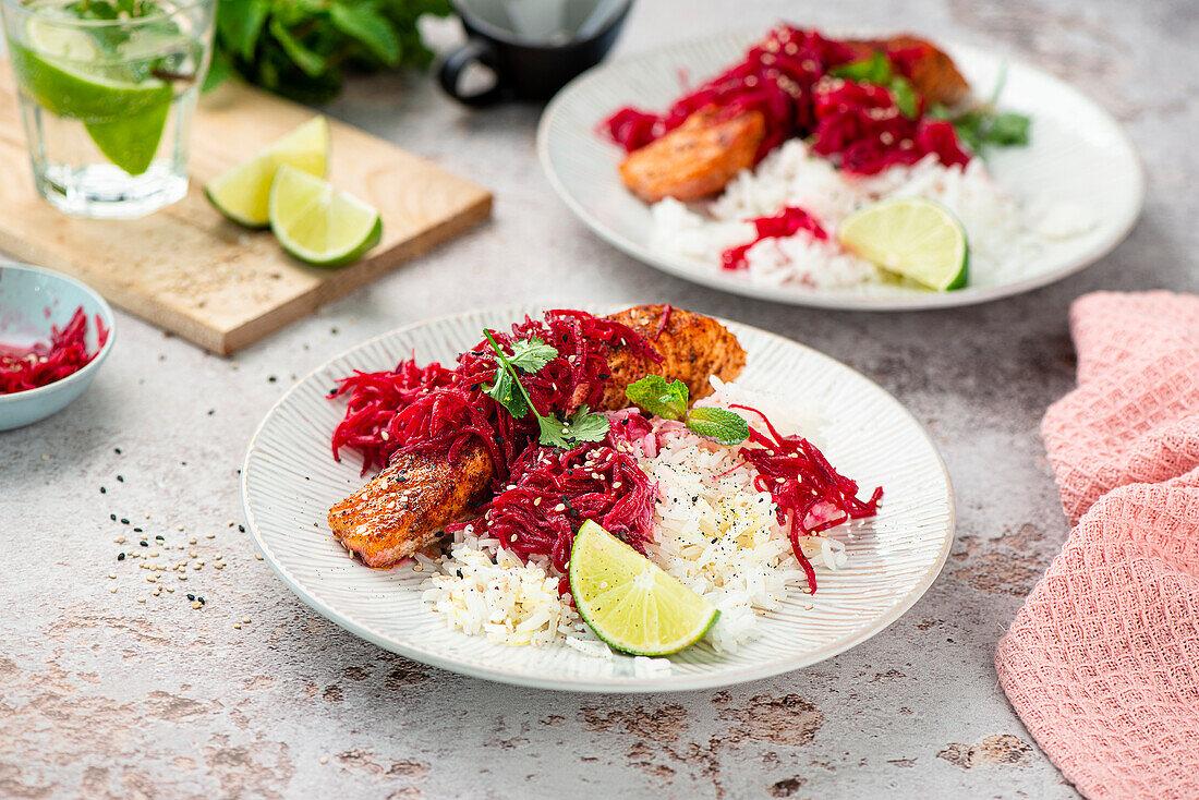 Salmon with rice and beet relish