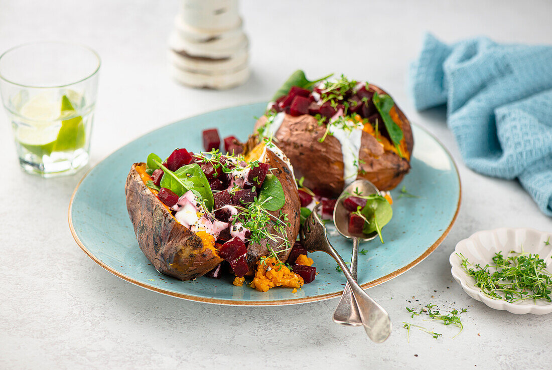 Baked sweet potatoes with beets, yogurt, and cress