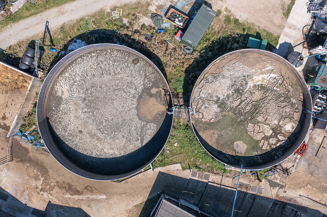 Slurry tanks on a farm, aerial photograph
