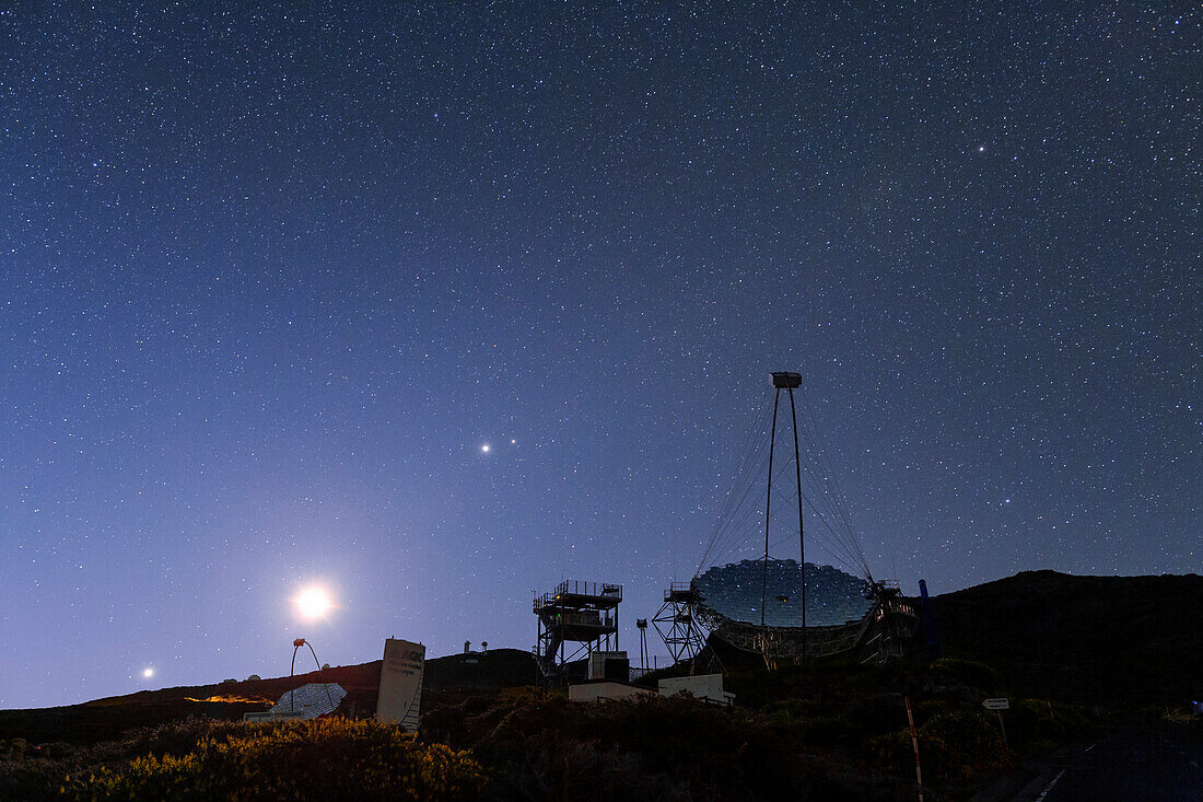 Moon and planets over MAGIC Telescope, Canary Islands