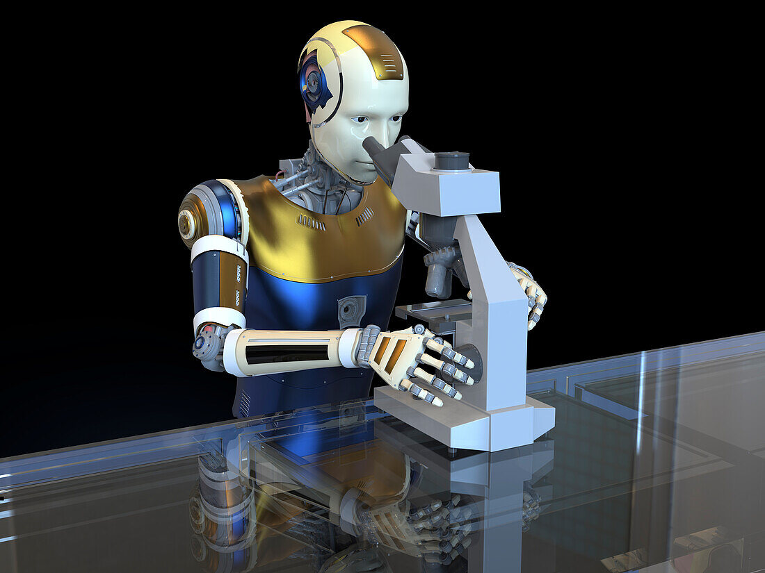 Humanoid robot using a microscope, illustration