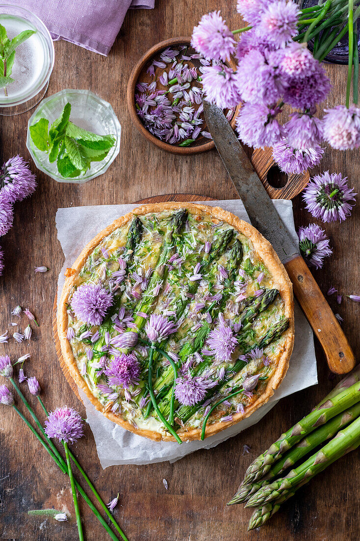 Chive blossom and asparagus tart