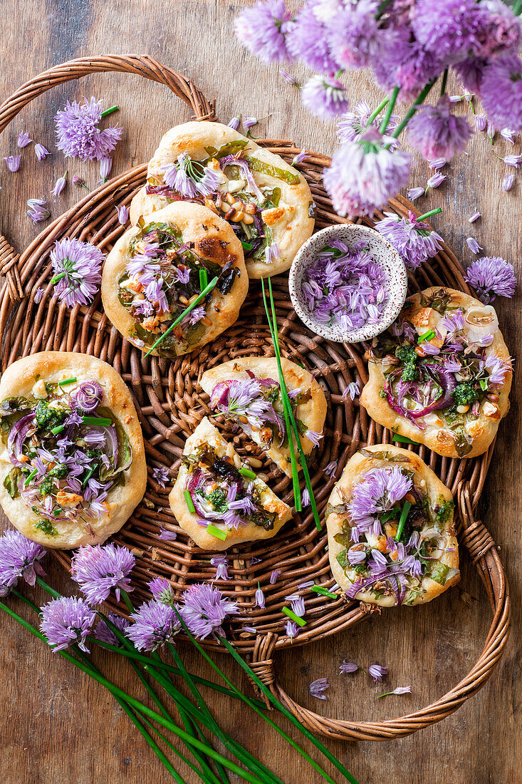 Small chive blossom flatbreads