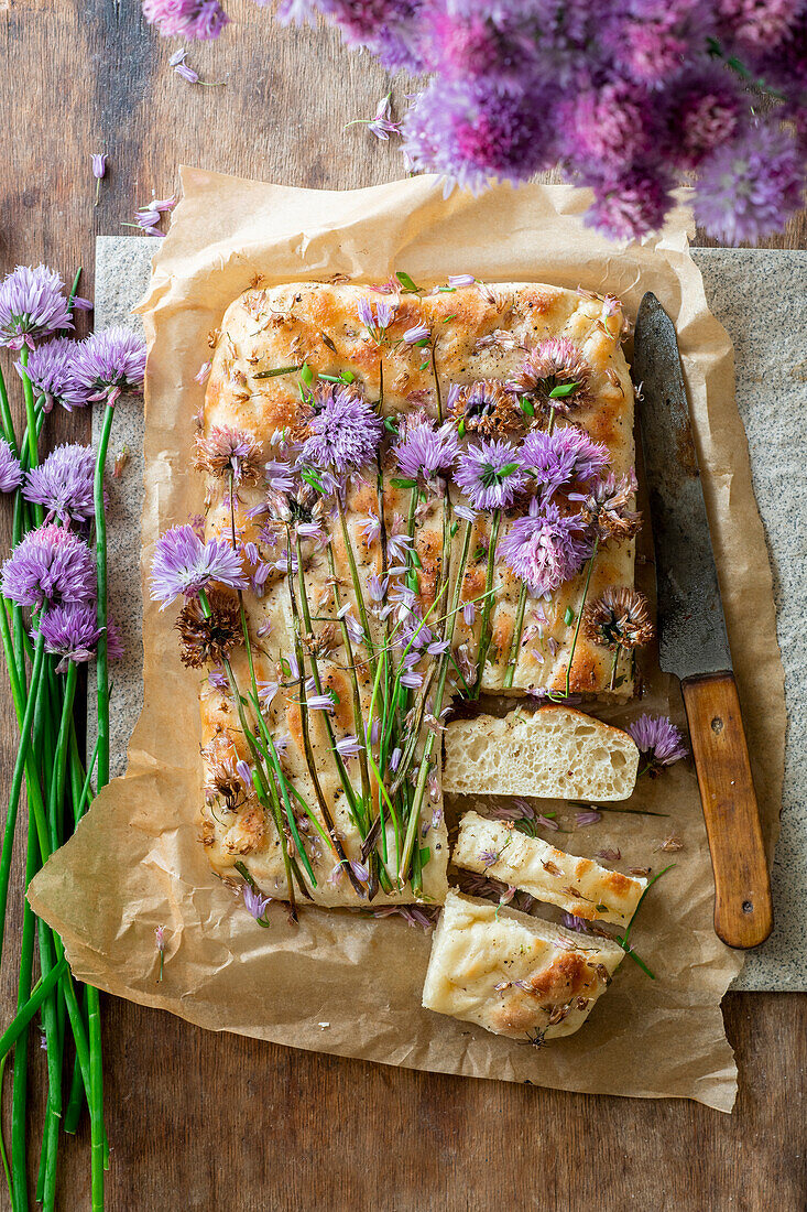 Focaccia with chive blossoms