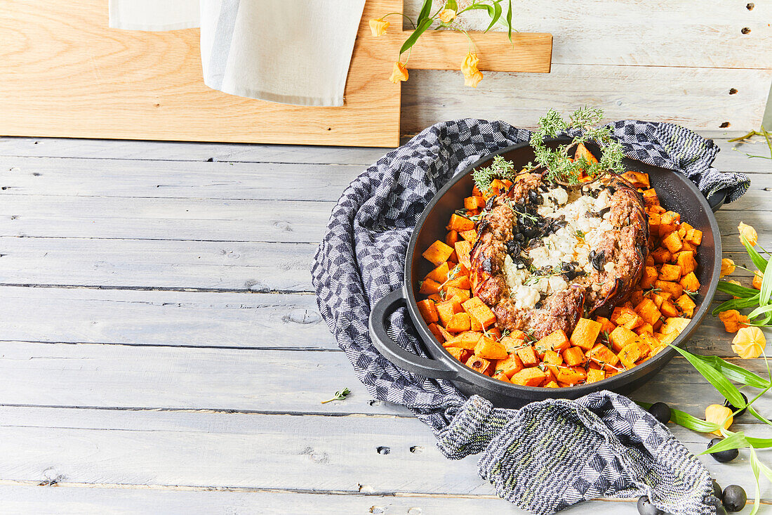 Meatloaf with feta filling and sweet potato vegetables