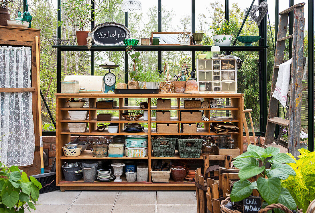 Greenhouse with shelf for storing flower pots