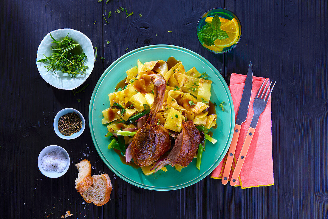 Roast goose on ribbon noodles