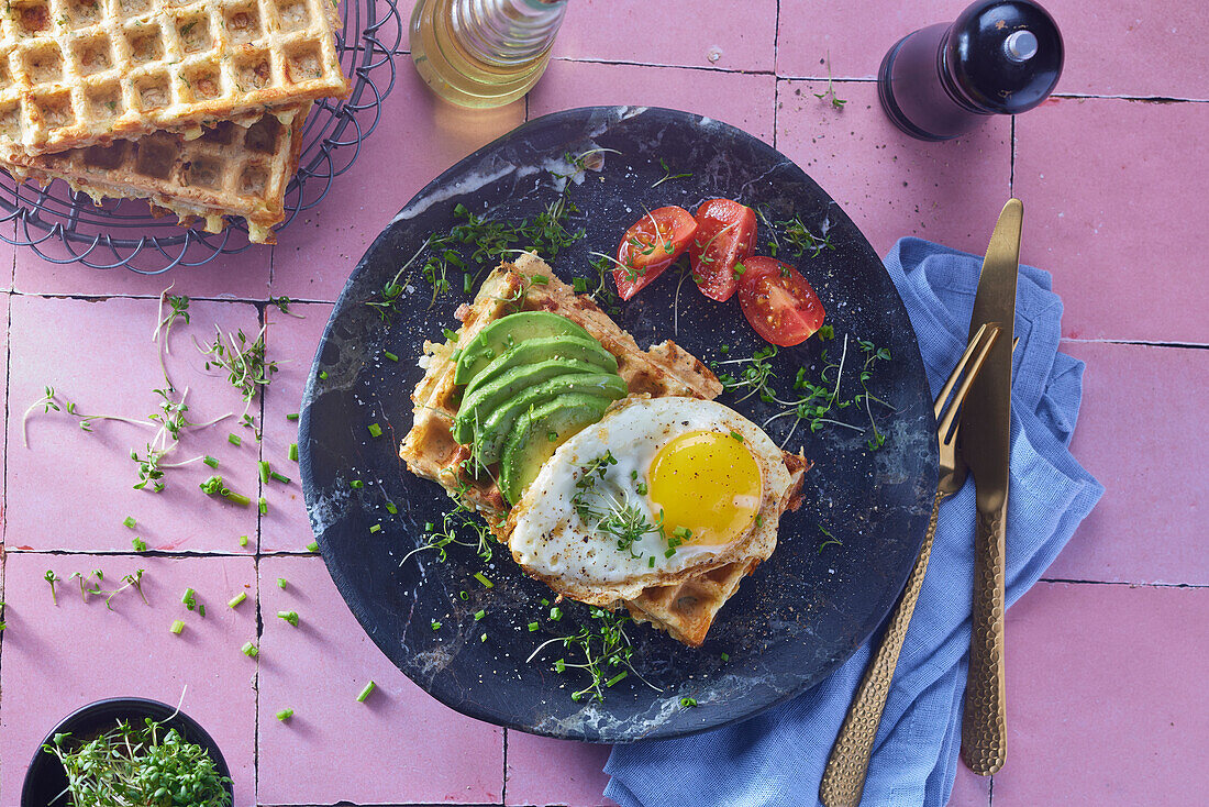 Waffle with fried egg and avocado