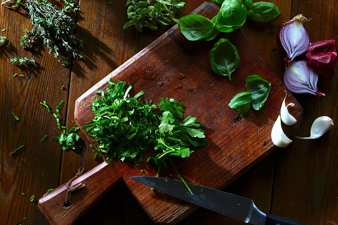 Herbs being chopped