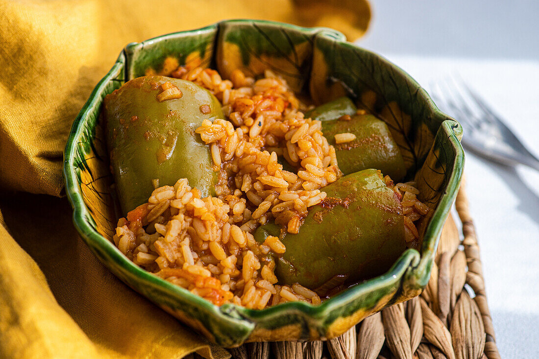 Stuffed peppers with rice and tomato sauce