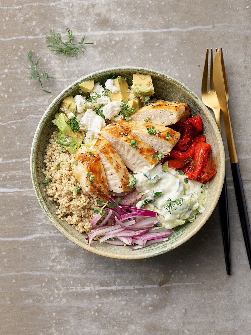 Mediterranean chicken bowl with quinoa and tzatziki