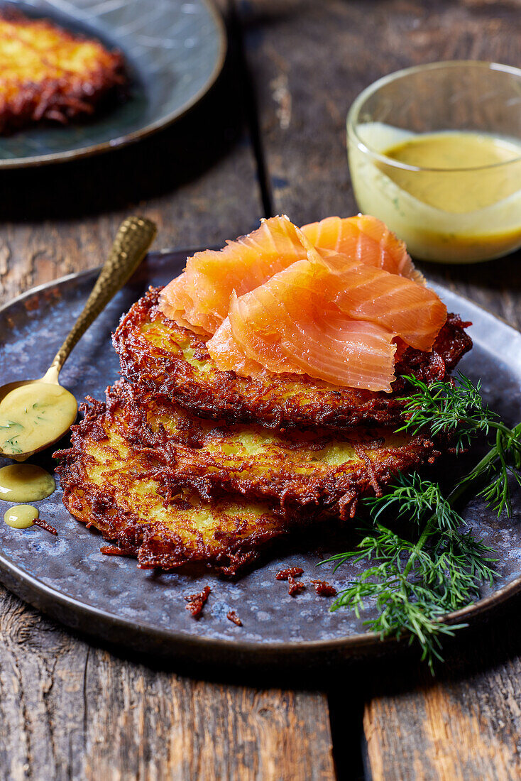 Potato pancakes with salmon and honey-mustard-dill sauce