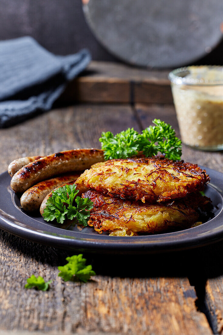 Sauerkraut-potato pancakes with Nuremberg grilled sausage