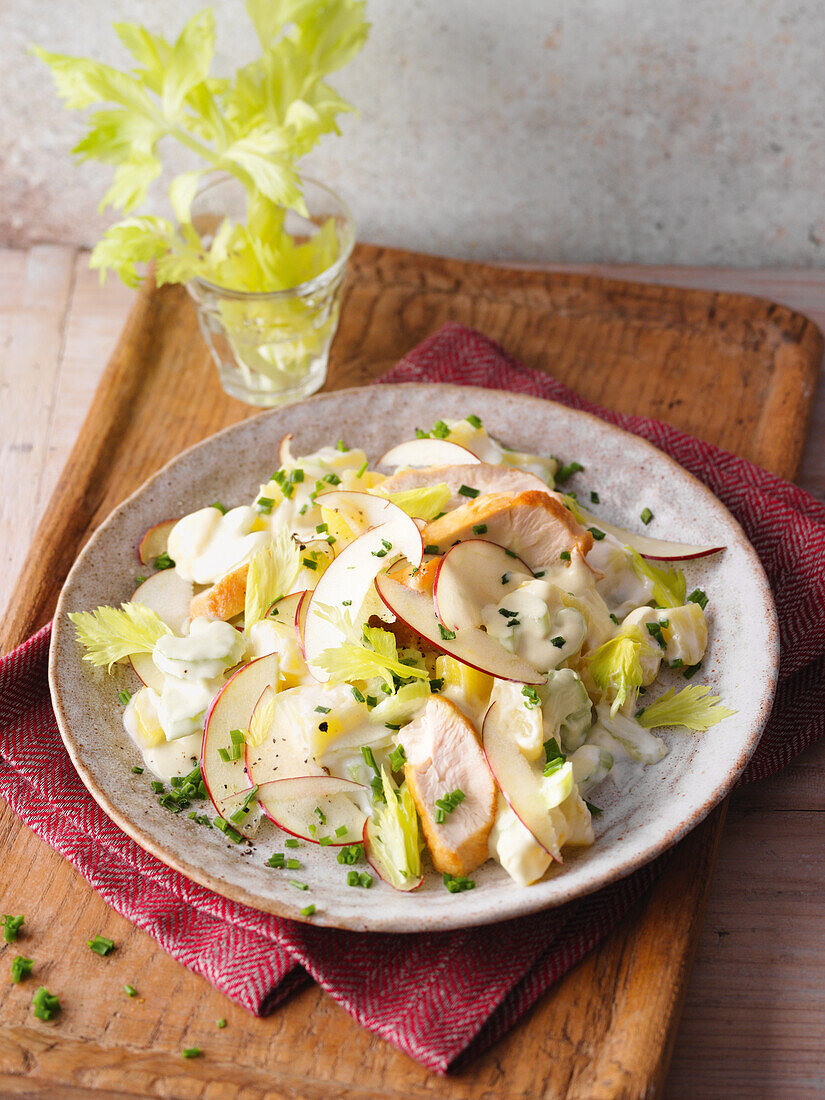Potato and chicken salad with apple and celery